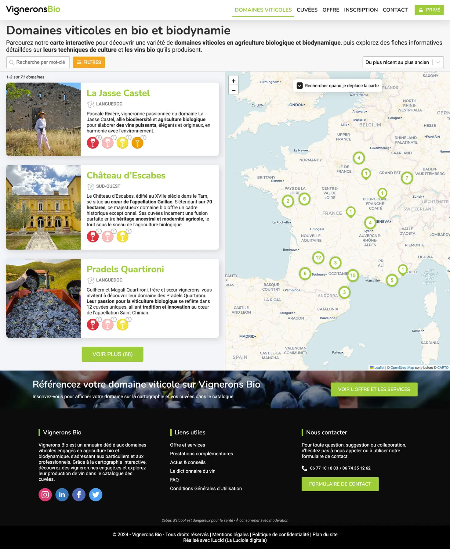 Screenshot de l'annuaire des domaines viticoles bio