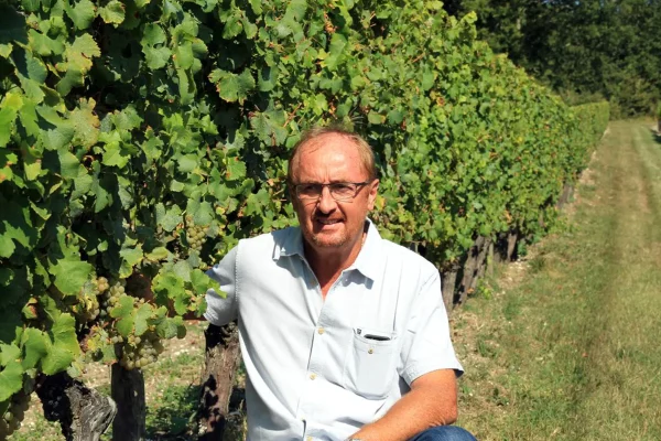 Vincent Vesselle, vigneron du Château La Rayre, accroupi à côté de rangées de vignes verdoyantes, portant une chemise blanche et des lunettes, par une journée ensoleillée