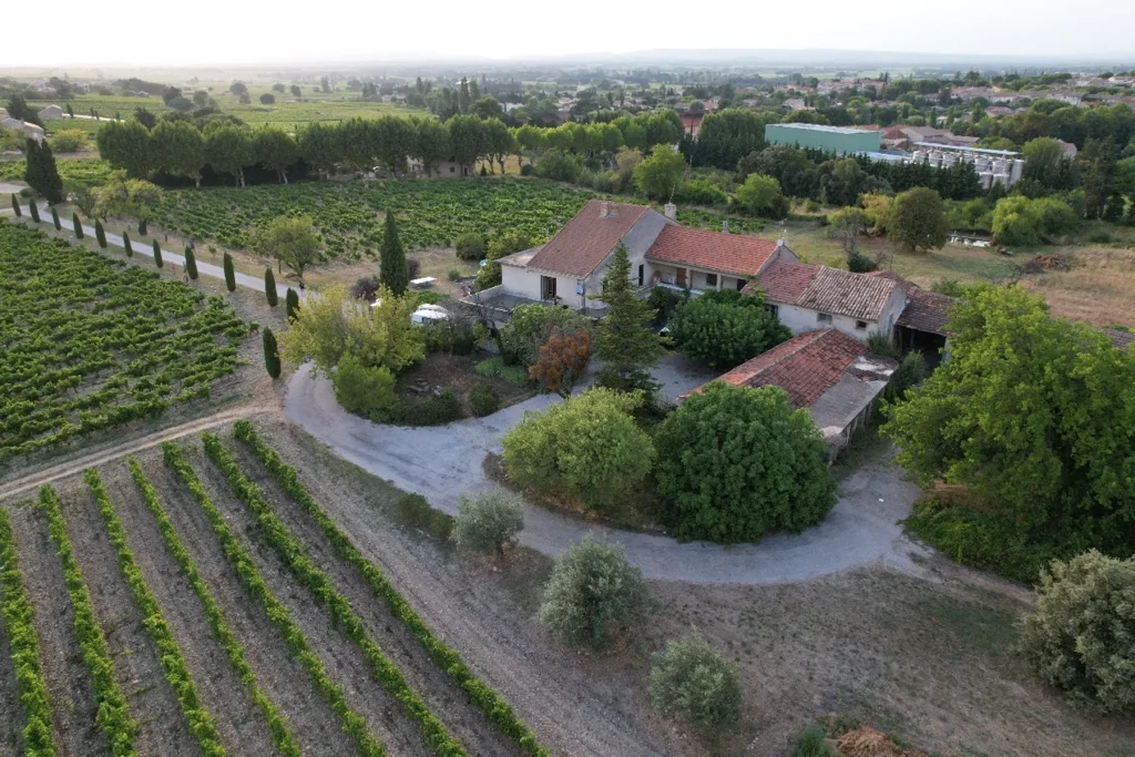 Vue aérienne du domaine viticole entouré de vignes et de verdure, avec des bâtiments aux toits rouges