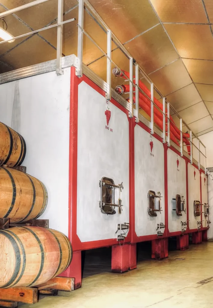 Cuves de vin rouge dans le chai du Ch&acirc;teau Vieux Mougnac