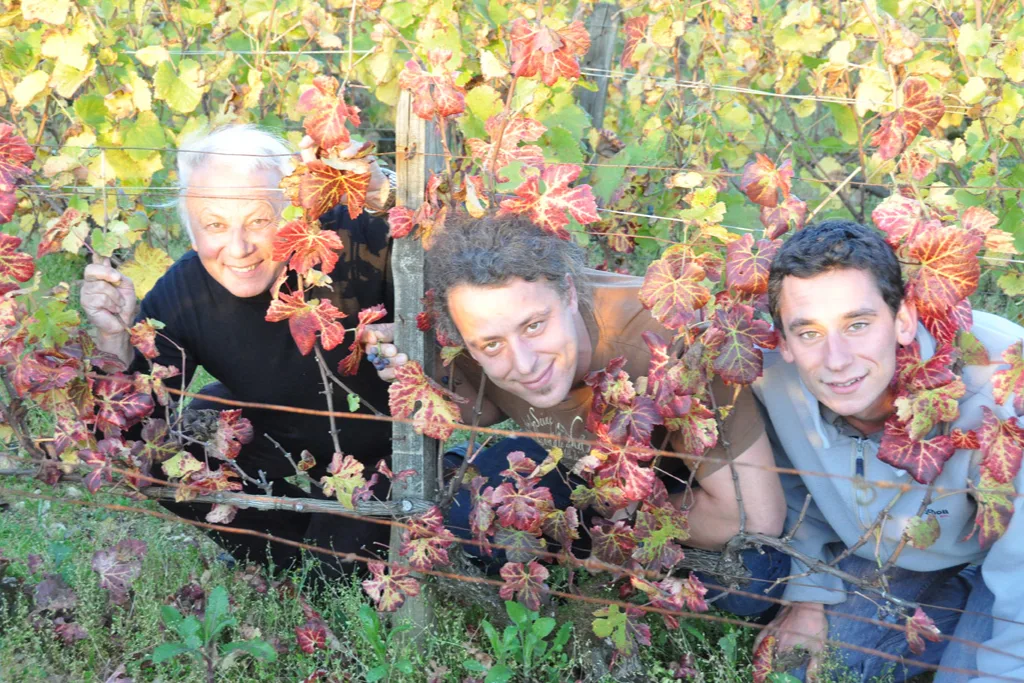 Champagne Fleury - Jean-Pierre, Benoît et Jean-Sébastien Fleury entre les rangs de vigne à l’automne
