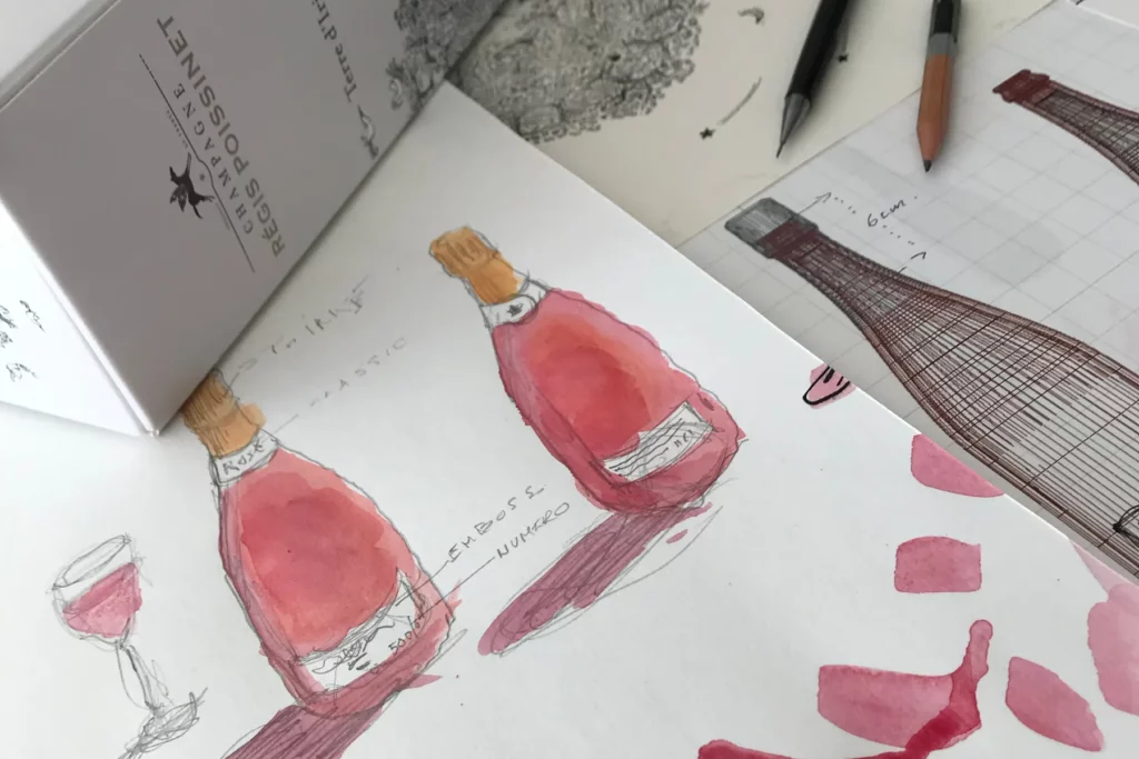 Champagne Régis Poissinet - Croquis de bouteilles et d’un verre de rosé à l’aquarelle