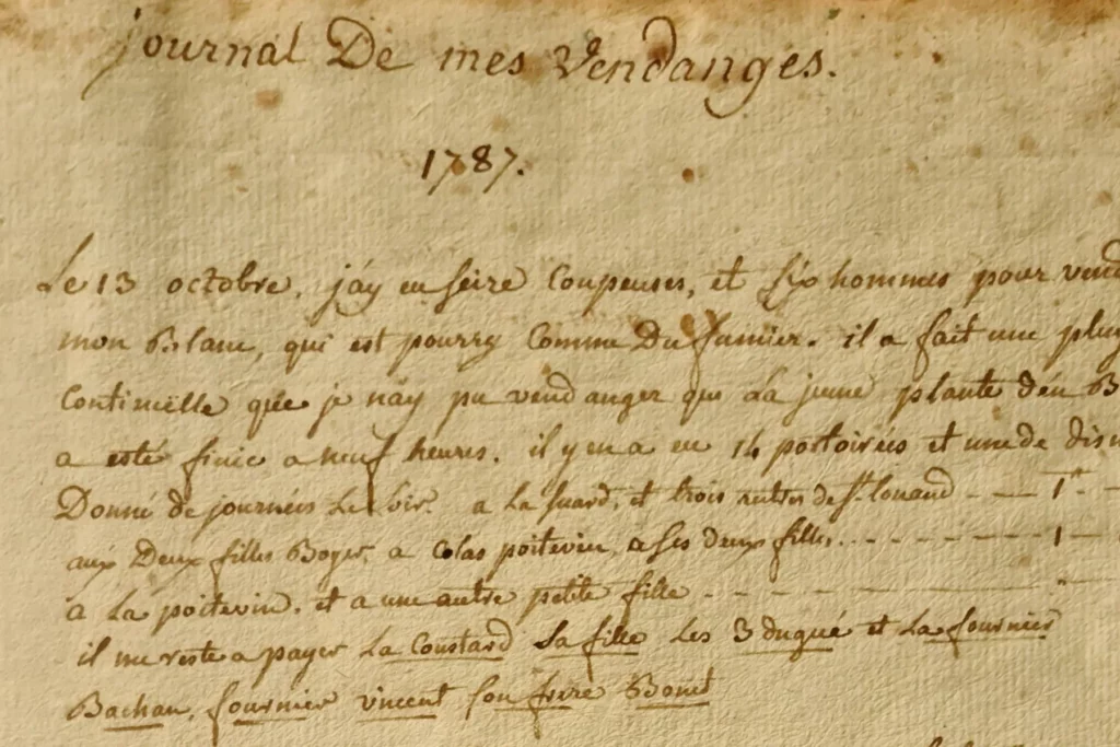 Château de Coulaine - Page manuscrite du journal des vendanges de 1787
