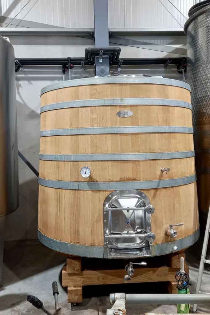 Domaine de la Murta - Cuve tronconique en bois entre les cuves inox du chai