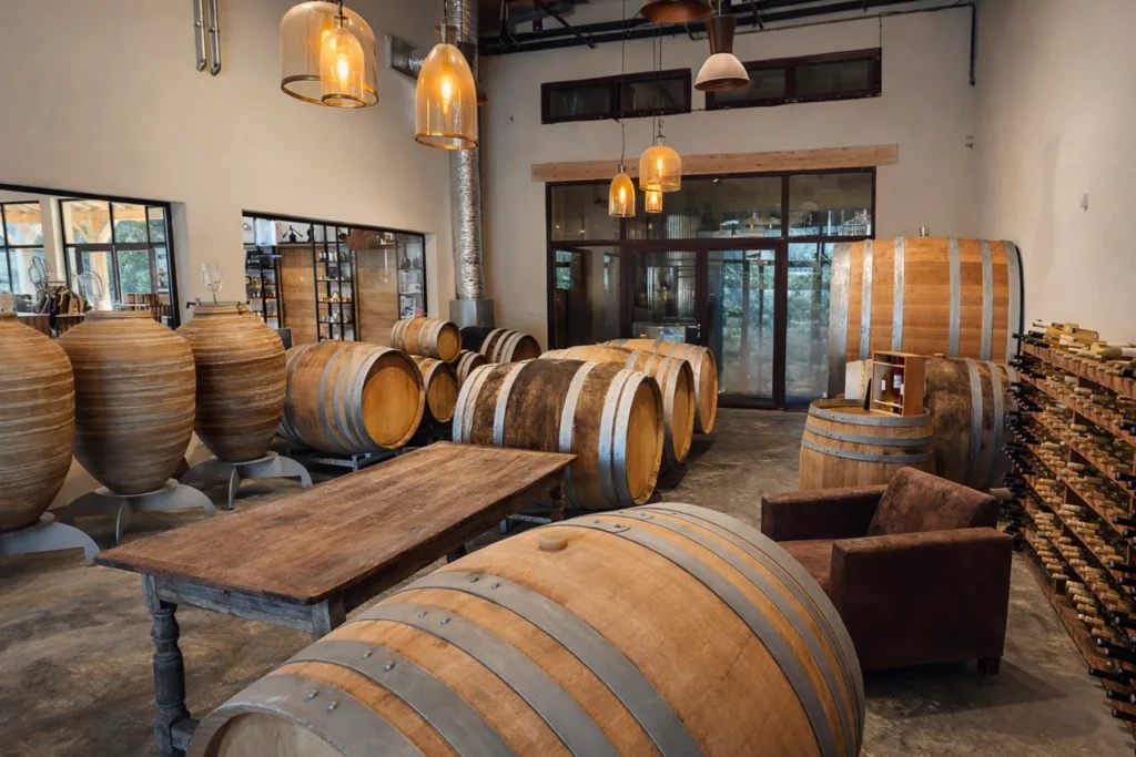 Domaine des Aspras - Amphores en terre cuite et barriques dans le chai
