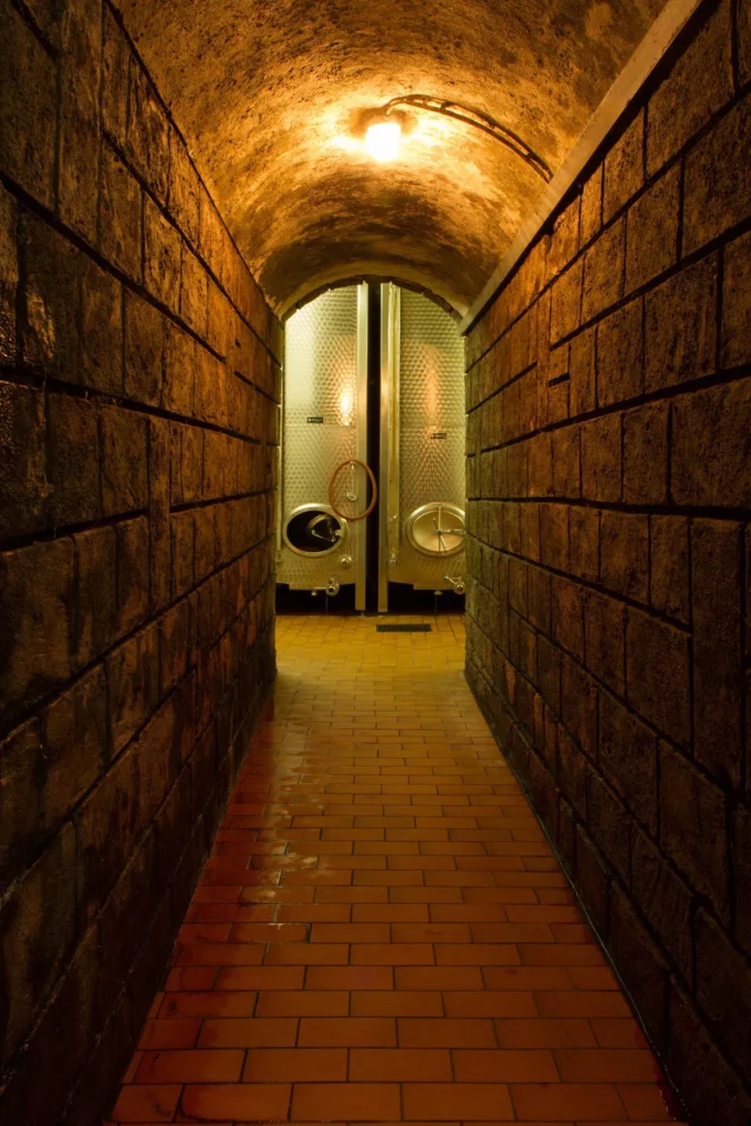 Domaine Hering - Couloir de la cave voûtée et cuves inox
