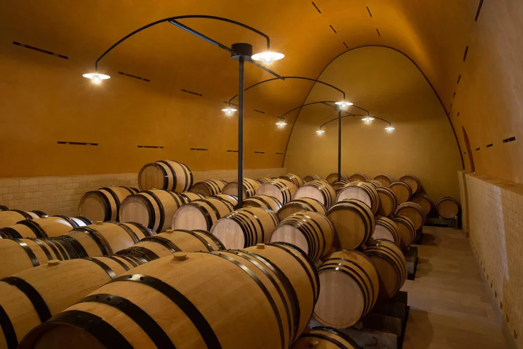 Domaine Leflaive - Fûts de chêne alignés sous une voûte de cave