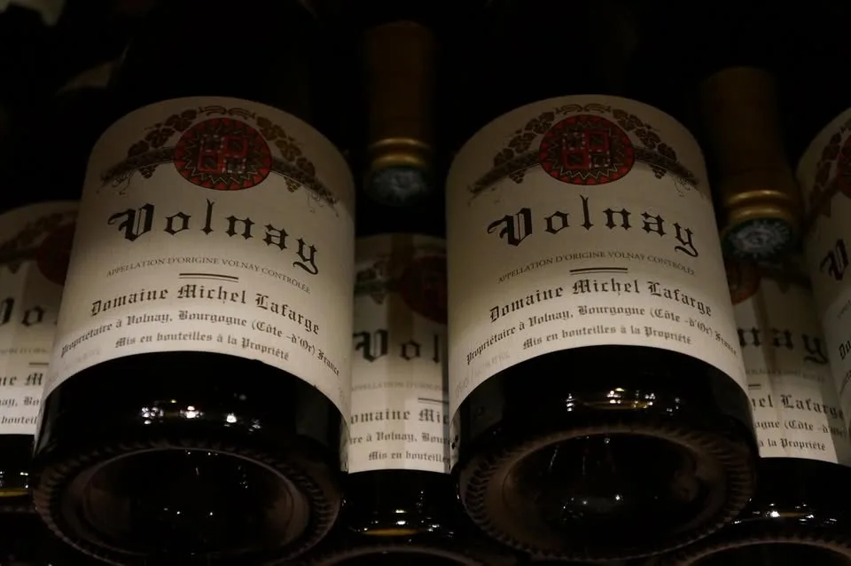Domaine Michel Lafarge - Bouteilles de Volnay couchées en cave, étiquette au blason rouge