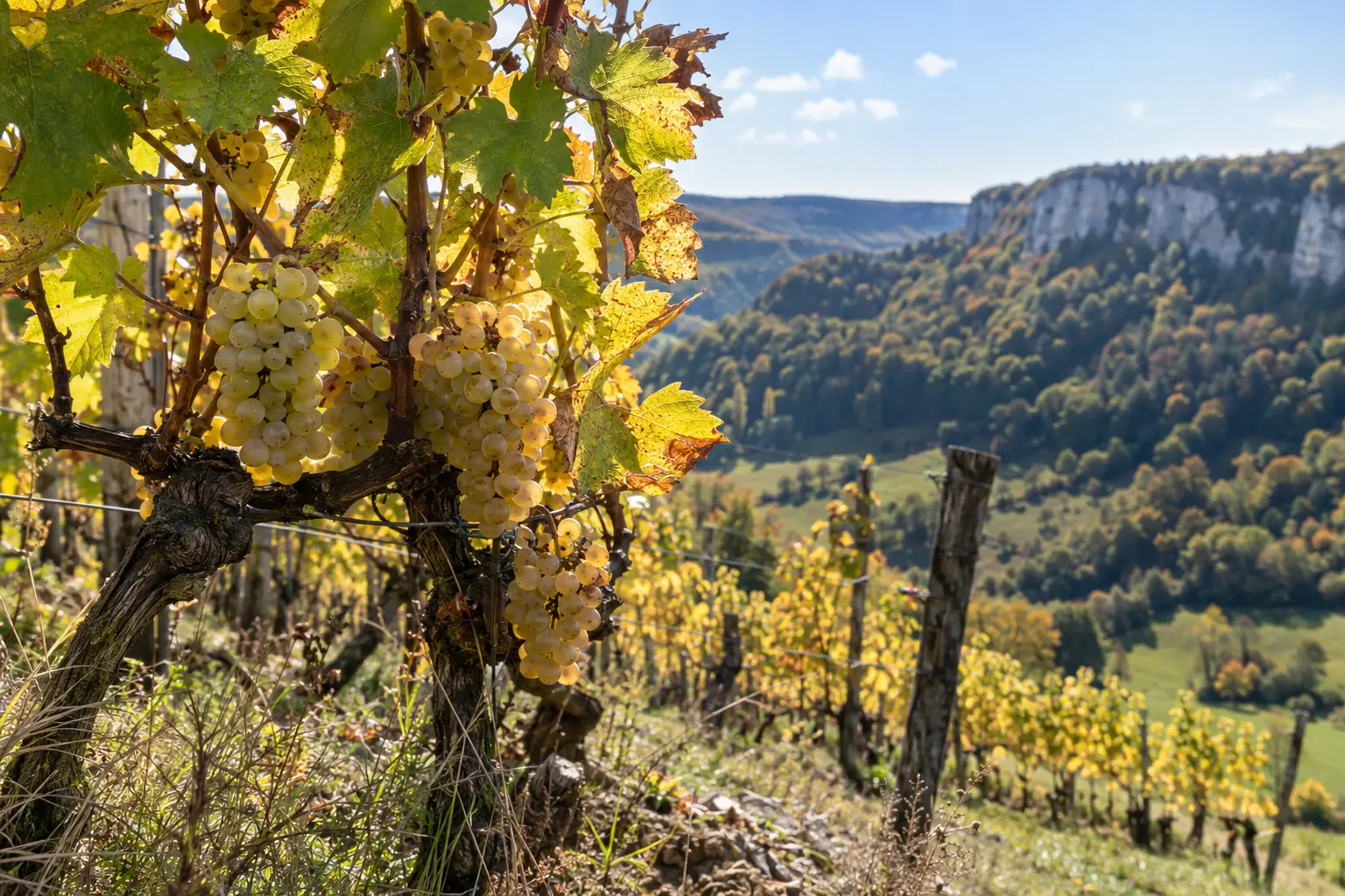 Grappes de savagnin et feuilles dorées devant une reculée du Jura