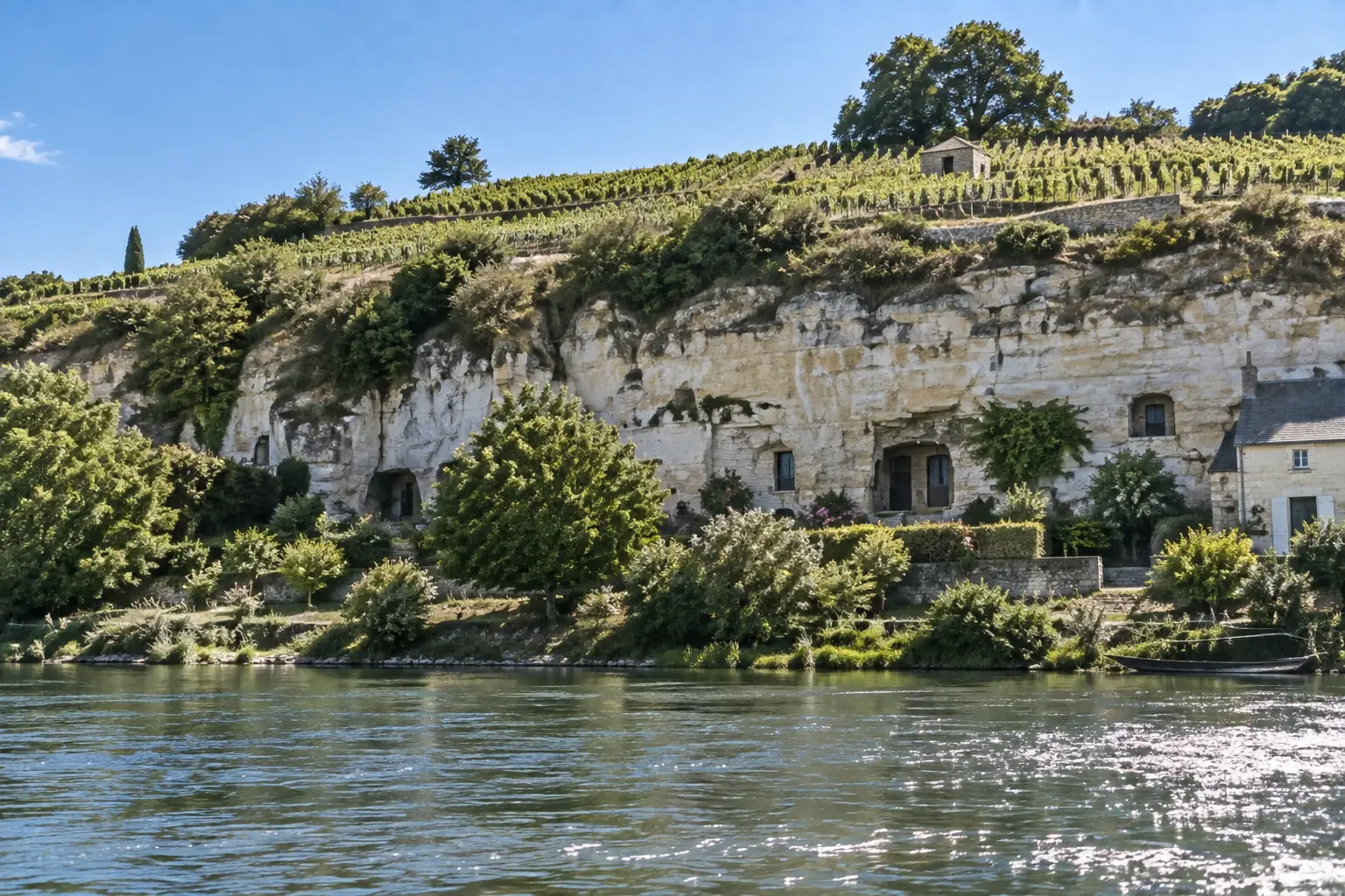 Coteau de tuffeau et caves troglodytes au-dessus de la Loire, vignes de chenin