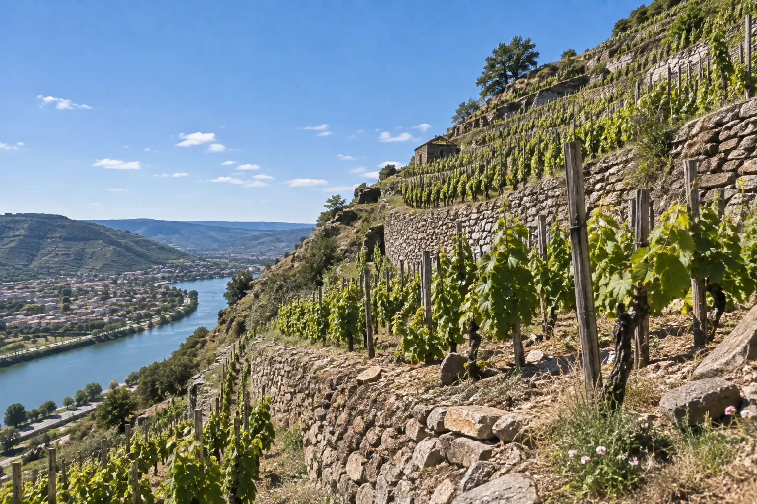 Terrasses de syrah et murets de pierre sèche au-dessus du Rhône