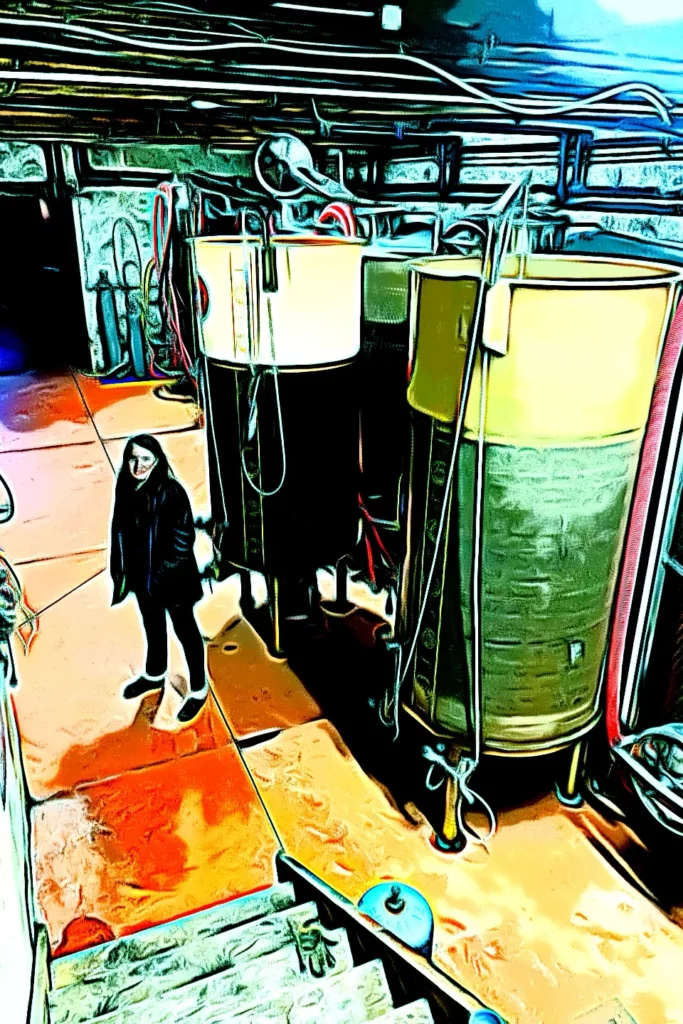 Chai Julip - Le chai, ses cuves et son escalier, vus d’en haut