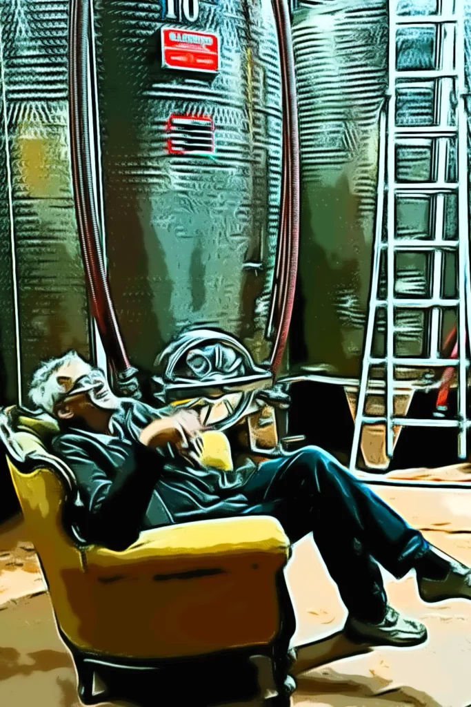 Chai Julip - Pause dans un fauteuil au pied des cuves inox