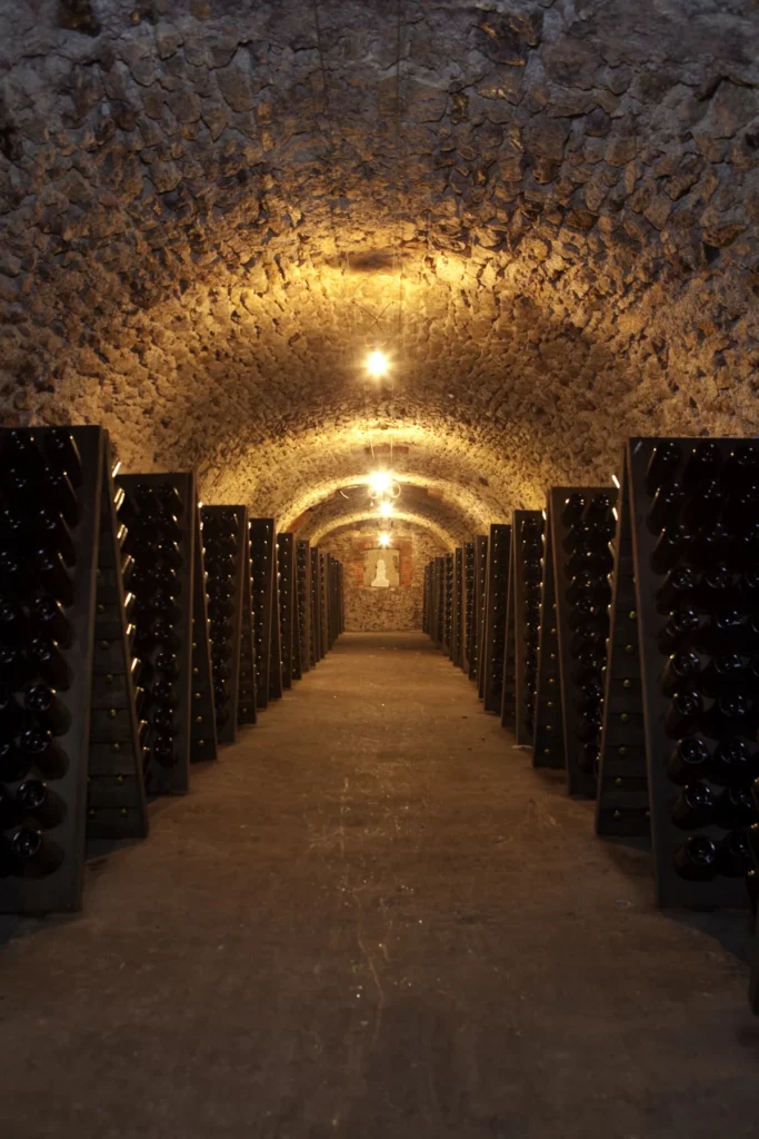 Champagne De Sousa - Galerie voûtée de la cave, bouteilles sur pupitres