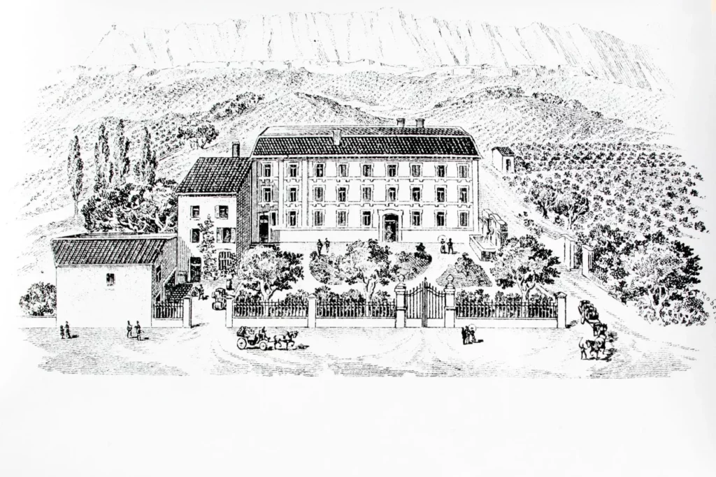 Château de la Bégude - Dessin à la plume du château et de ses terres, la Sainte-Victoire en fond