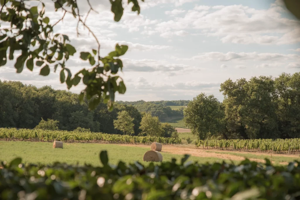 Château de la Jaubertie - Prairie fauchée et vignes en lisière de bois