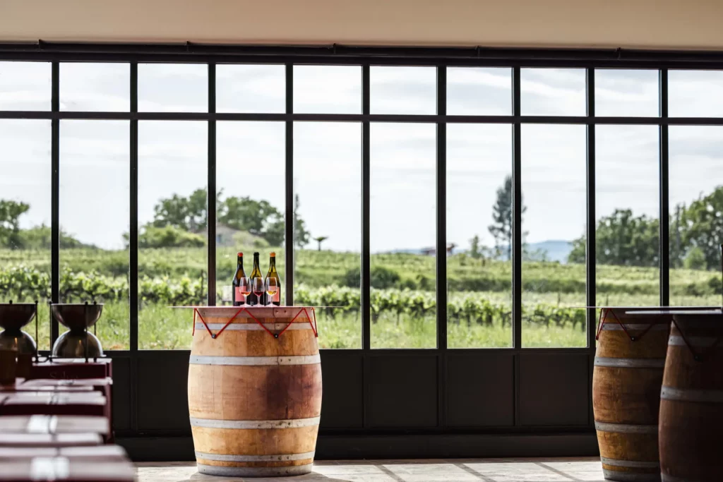 Château de la Selve - Fûts et bouteilles devant une verrière ouverte sur les vignes