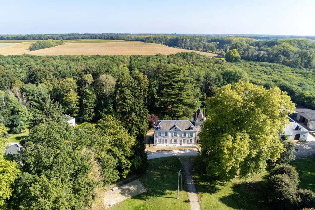 Château de Quinçay - Le château, son allée et son parc vus du ciel, avec la plaine en arrière-plan