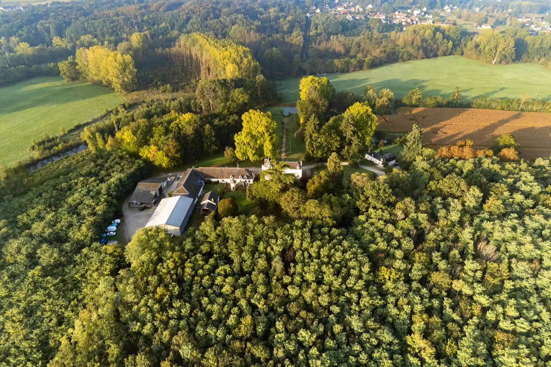 Château de Quinçay - Vue aérienne du château, de ses bâtiments d’exploitation et des bois qui l’entourent