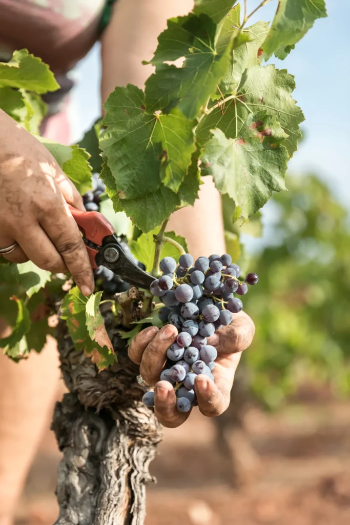 Château des Demoiselles - Grappe de raisin noir coupée au sécateur pendant les vendanges