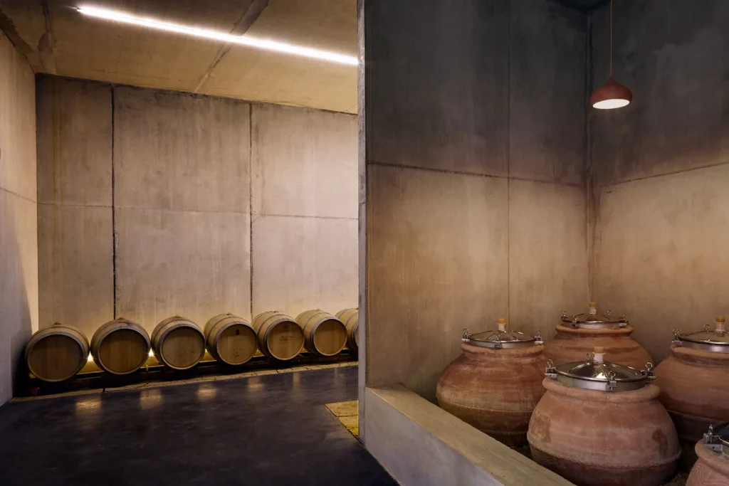 Château Lafitte - Barriques et jarres en terre cuite dans le chai
