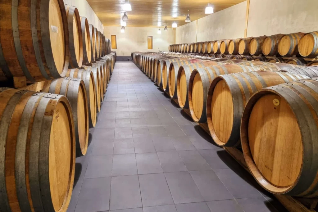 Château Vieux Chevrol - Le chai d’élevage et ses rangées de fûts