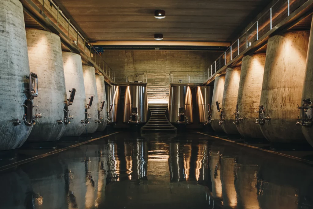 Clos Culombu - Alignement de cuves béton et inox dans le chai
