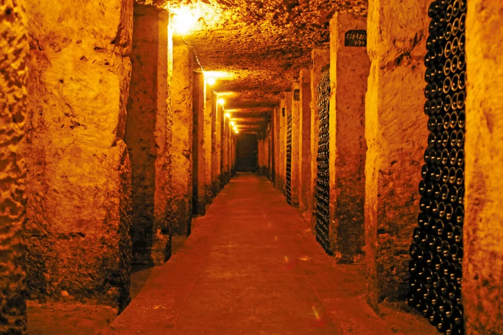 Domaine Allias - Galerie de cave creusée dans le tuffeau, bouteilles en piles le long des piliers