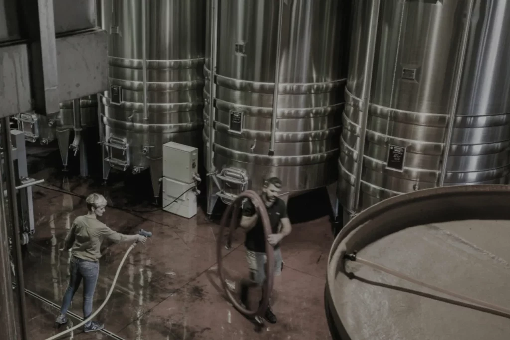 Domaine de la Ville Rouge - Lavage de la cuverie inox, tuyau en main, entre les cuves