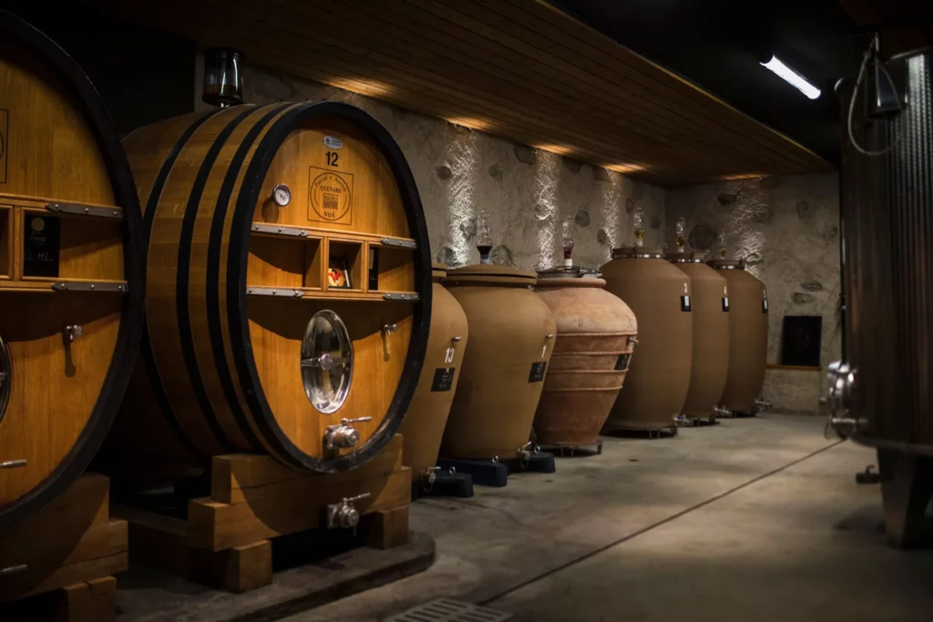 Domaine Pascal, Annick et Noé Quenard - Foudres et jarres en terre cuite alignés dans la cave