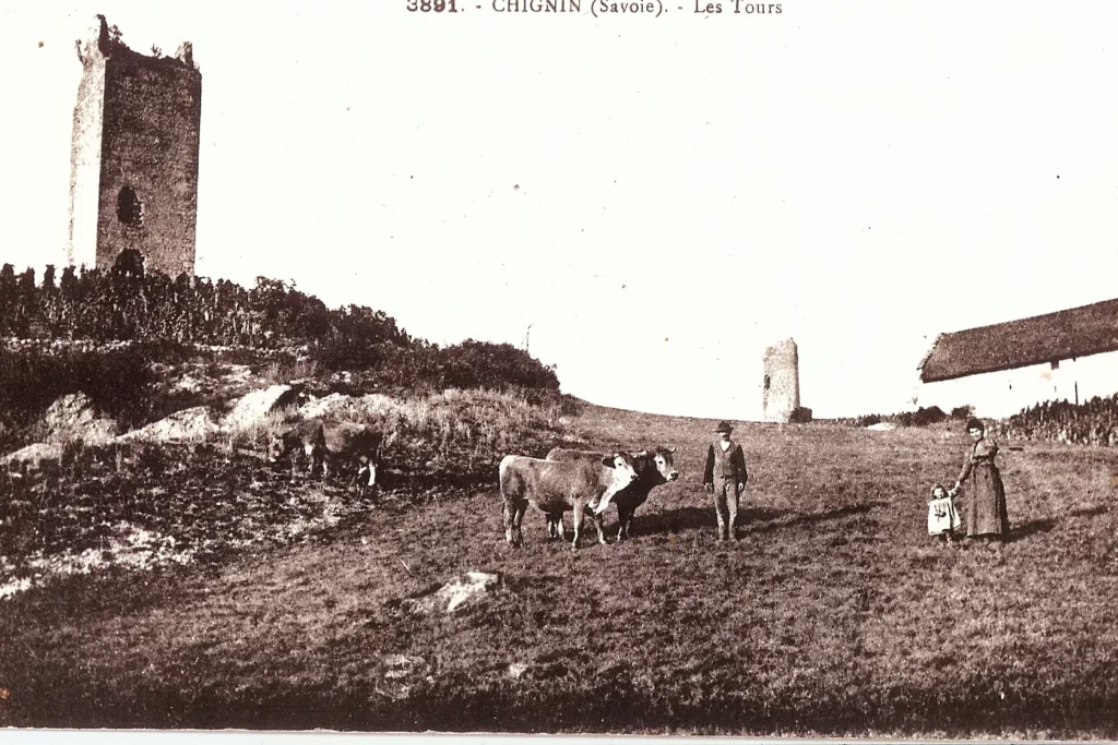 Domaine Pascal, Annick et Noé Quenard - Les tours de Chignin sur une carte postale ancienne
