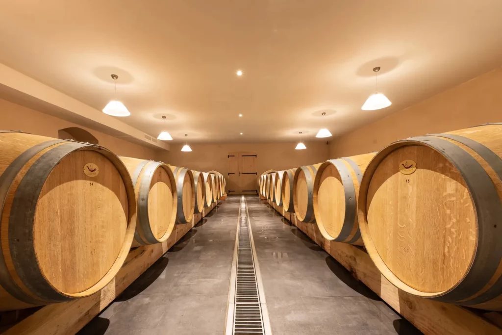 Domaine Vallot - Le chai à barriques, deux rangées de fûts de part et d’autre de l’allée