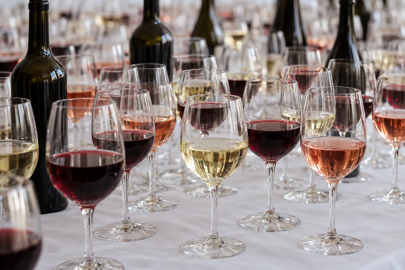 Agenda du vin bio - Verres de vin rouge, blanc et rosé alignés sur une table de dégustation