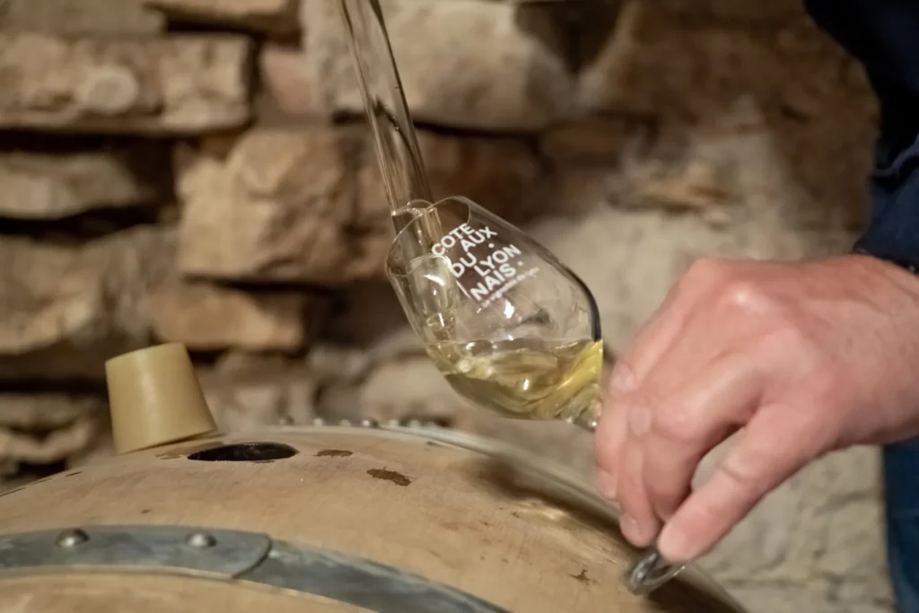 Le Bouc et la Treille - Prélèvement de vin blanc à la pipette sur un fût