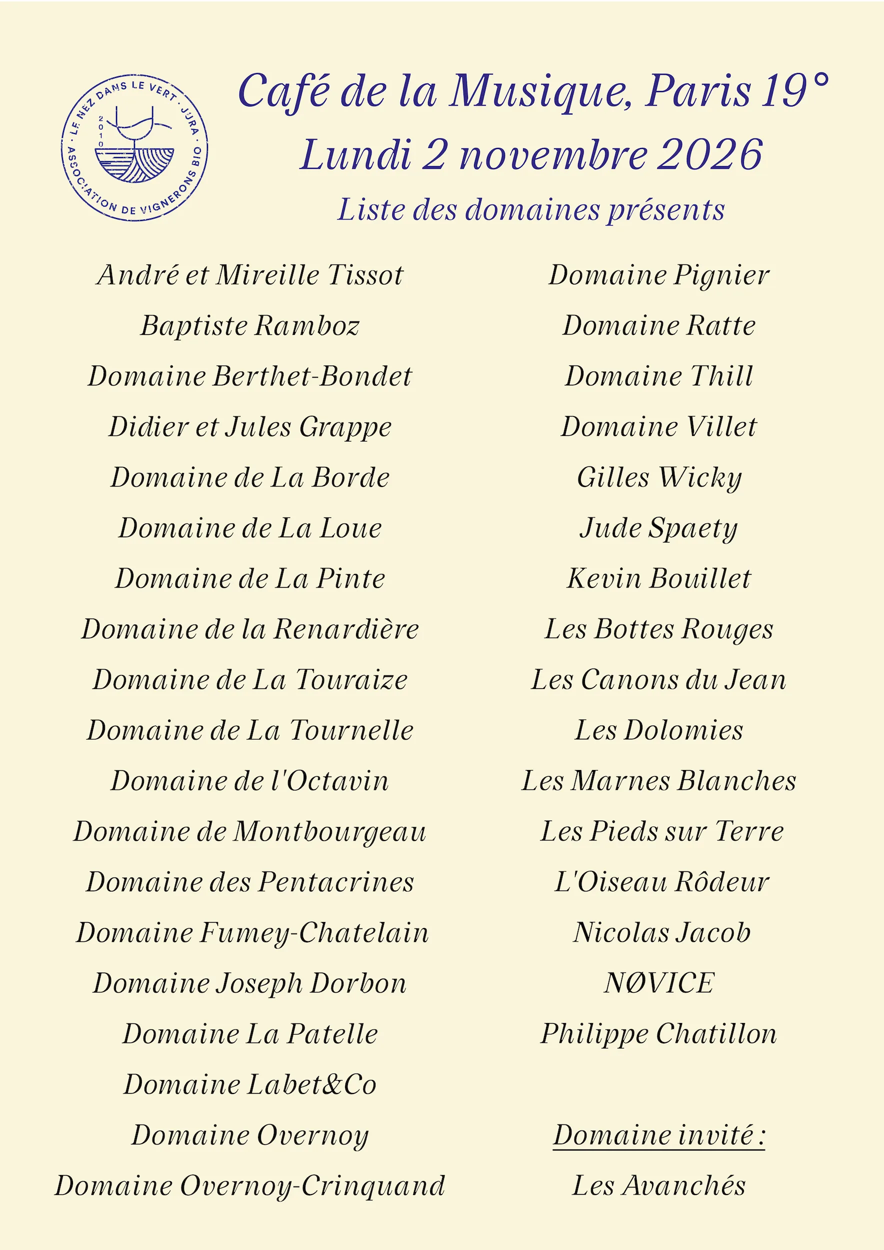 Le Nez dans le Vert à Paris 2026 - Visuel officiel avec la date, le lieu et la liste des domaines présents