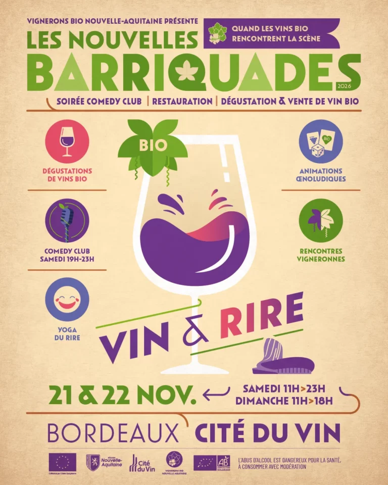 Les Nouvelles Barriquades 2026 - Affiche officielle « Vin & Rire » à la Cité du Vin de Bordeaux