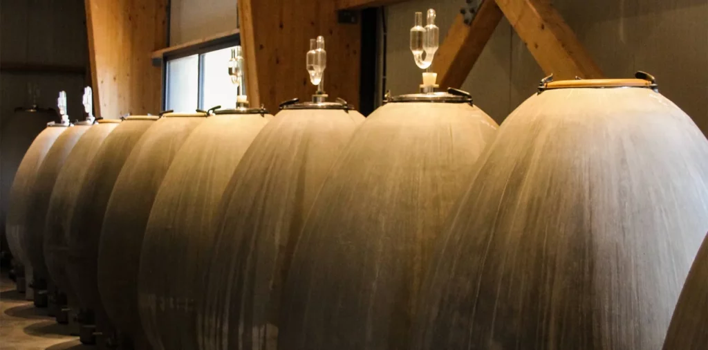 Les Vignes de Paradis - Alignement de cuves ovoïdes en béton dans le chai
