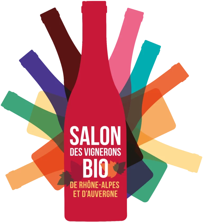 Salon des vignerons bio de Rhône-Alpes et d’Auvergne - Logo du salon, bouteilles de couleurs croisées